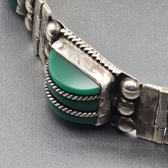 VTG RRA Mexican Sterling Silver Green Onyx Panel Link Bracelet 7" Rope Detail 40 - Picture 4 of 16